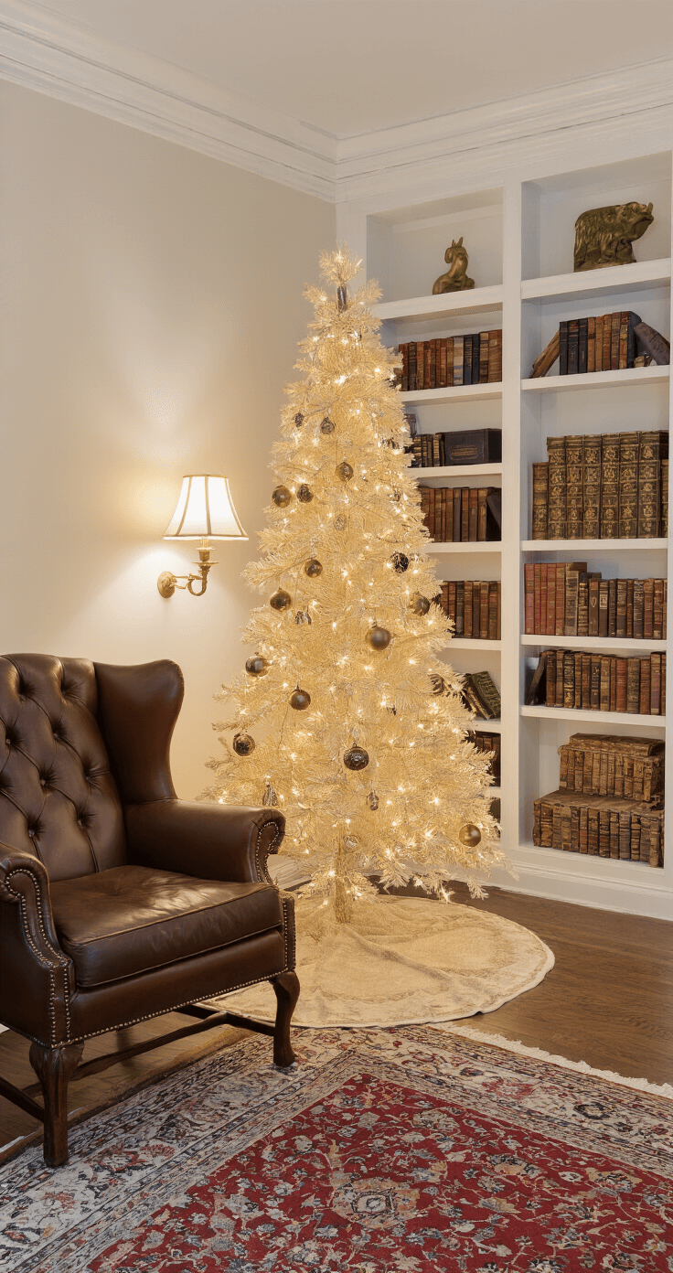 Glamorous Gold Christmas Tree: Your Ultimate Styling Guide A cozy den featuring traditional crown molding and built-in bookshelves, with a 5ft champagne-gold pencil tree in a reading nook, decorated with vintage brass ornaments and warm white fairy lights. A leather wingback chair and oriental rug add richness, illuminated by ambient lighting from table lamps during blue hour, with a shallow depth of field emphasizing the tree against the atmospheric backdrop of the bookshelves.