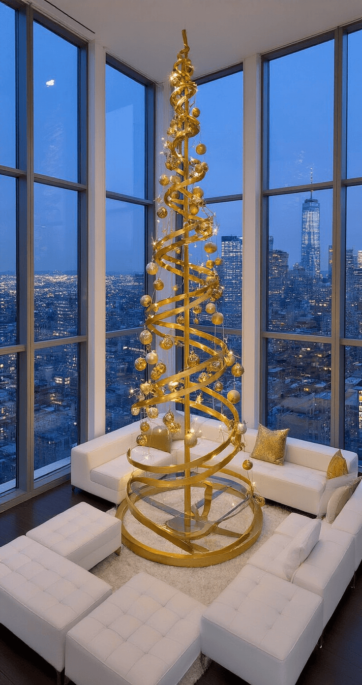 Glamorous Gold Christmas Tree: Your Ultimate Styling Guide Contemporary great room featuring floor-to-ceiling windows showcasing a city skyline at twilight, with a metallic gold spiral tree adorned with monochromatic gold ornaments as a centerpiece, surrounded by white modular seating and a glass coffee table, illuminated by a mix of cool and warm lighting.