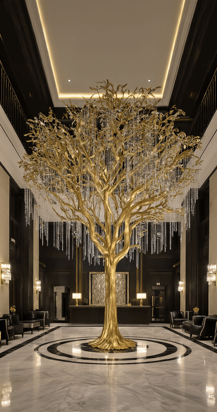 Glamorous Gold Christmas Tree: Your Ultimate Styling Guide Boutique hotel lobby featuring an 18ft coffered ceiling and marble flooring, with a 10ft slim gold ombré tree adorned with crystal garlands and metallic ribbon at the center. Art deco-inspired black and gold furnishings complement the tree, all illuminated by dramatic uplighting and crystal chandeliers in a night setting.