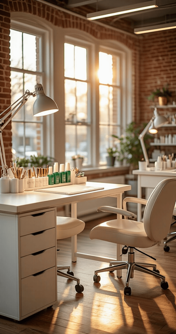 Christmas Tree Nails: Your Ultimate Guide to Festive Nail Art A cozy nail art studio with exposed brick walls and large windows, bathed in golden hour sunlight. The pristine white manicure station features ergonomic chairs, organized nail tools, rows of green and metallic polishes, and a warm wood floor contrasting modern white and gold accents. The image captures the workstation with a shallow depth of field and soft bokeh in the background.