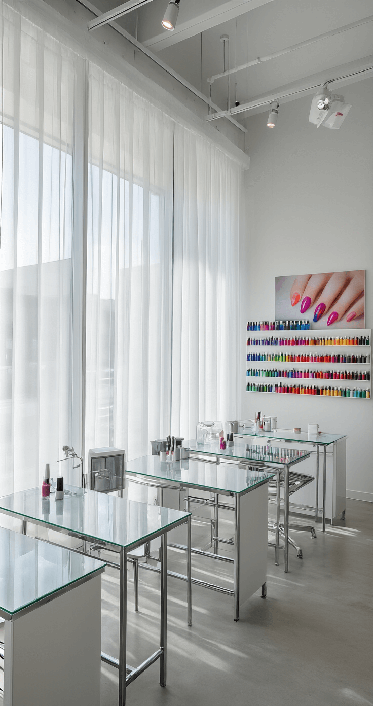 Christmas Tree Nails: Your Ultimate Guide to Festive Nail Art A modern minimalist nail salon interior featuring open concept design with floor-to-ceiling windows and sheer curtains, multiple glass-topped manicure stations, wall-mounted storage of colorful nail polishes, and an accent wall with oversized nail art photography, all under a high-key lighting setup.