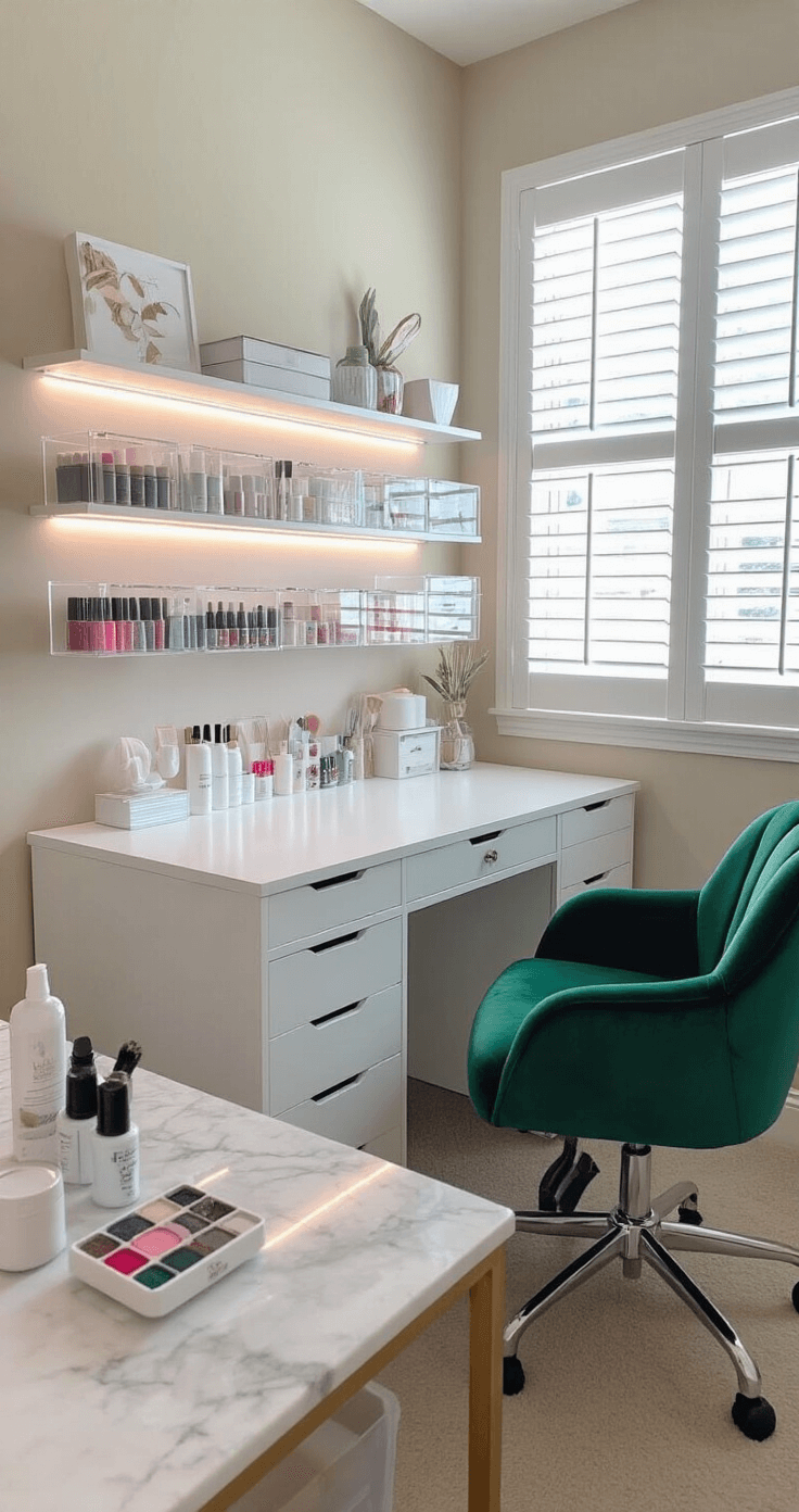 Christmas Tree Nails: Your Ultimate Guide to Festive Nail Art Intimate home nail studio in a spare room, featuring a custom white lacquer nail desk with LED lighting, acrylic storage for nail art supplies, and a plush emerald green chair, all illuminated by afternoon light through plantation shutters.