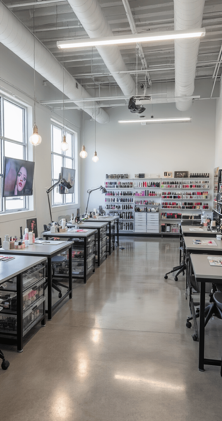 Christmas Tree Nails: Your Ultimate Guide to Festive Nail Art A spacious contemporary nail art classroom featuring industrial elements, including white-exposed ductwork and polished concrete floors. Multiple student stations equipped with task lighting surround an instructor's demonstration area with an overhead camera feeding into wall-mounted screens. Organized storage systems showcase a comprehensive collection of nail polishes and art tools, all under bright, even lighting.