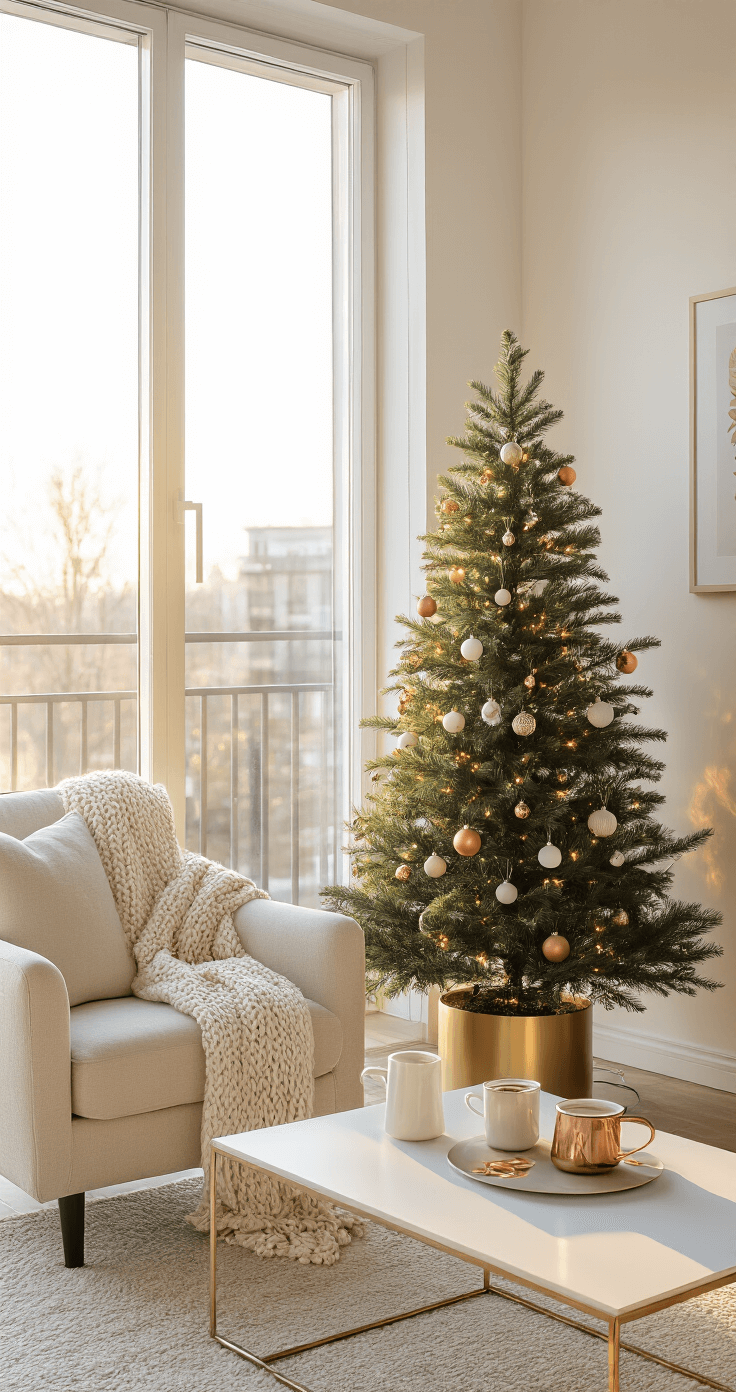 Small Christmas Tree: The Ultimate Compact Holiday Decor Guide Cozy studio apartment corner with a slim Christmas tree, cream linen armchair, geometric coffee table, and warm afternoon light, creating a hygge atmosphere in a contemporary setting.