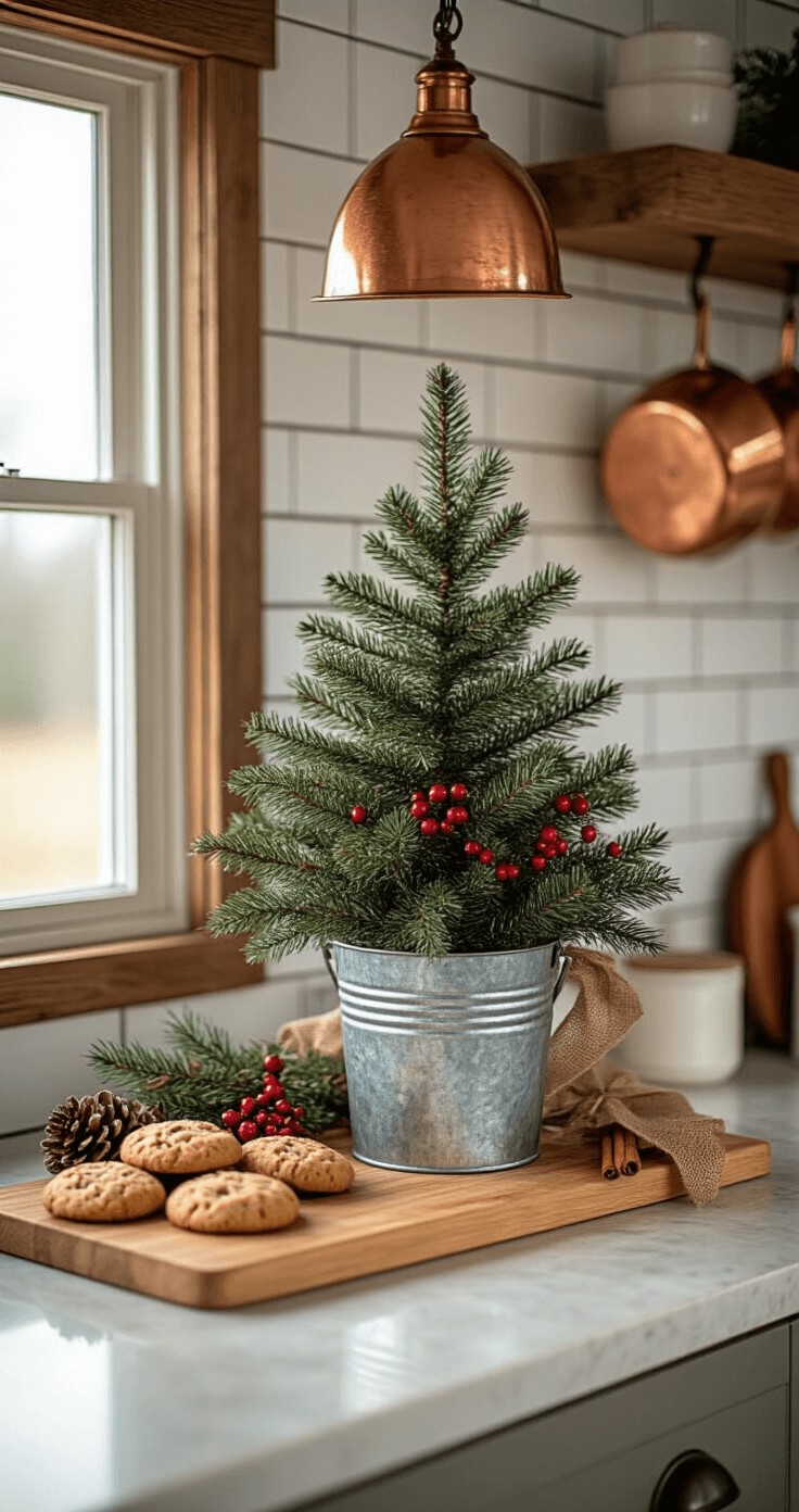 Small Christmas Tree: The Ultimate Compact Holiday Decor Guide A cozy farmhouse-style kitchen counter decorated for Christmas, featuring a natural pine tree in a galvanized bucket, tiny red berries, pinecones, and burlap ribbon, with copper cookware overhead, warm pendant lighting, and fresh-baked cookies displayed.