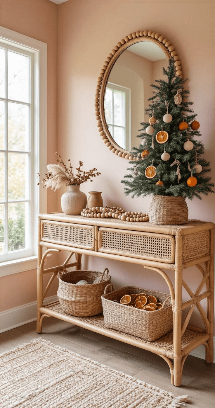 Small Christmas Tree: The Ultimate Compact Holiday Decor Guide Bright entryway featuring a rattan console table against a blush pink wall, adorned with a 2.5ft flocked tree in a woven basket, decorated with wooden beads, dried orange slices, and macramé ornaments. A vintage mirror hangs above, with a handwoven runner below, illuminated by natural light from a nearby window. Warm and eclectic atmosphere.