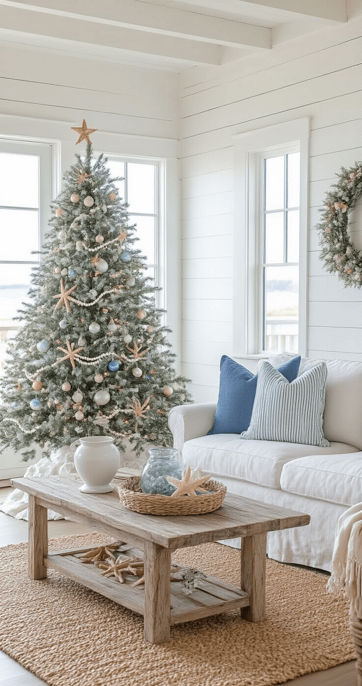 Small Christmas Tree: The Ultimate Compact Holiday Decor Guide Coastal living room decorated for the holidays, featuring whitewashed plank walls, a jute rug, a 4ft flocked Christmas tree with starfish and glass float ornaments, a slipcovered sofa with blue striped pillows, and a driftwood coffee table, illuminated by late morning light.