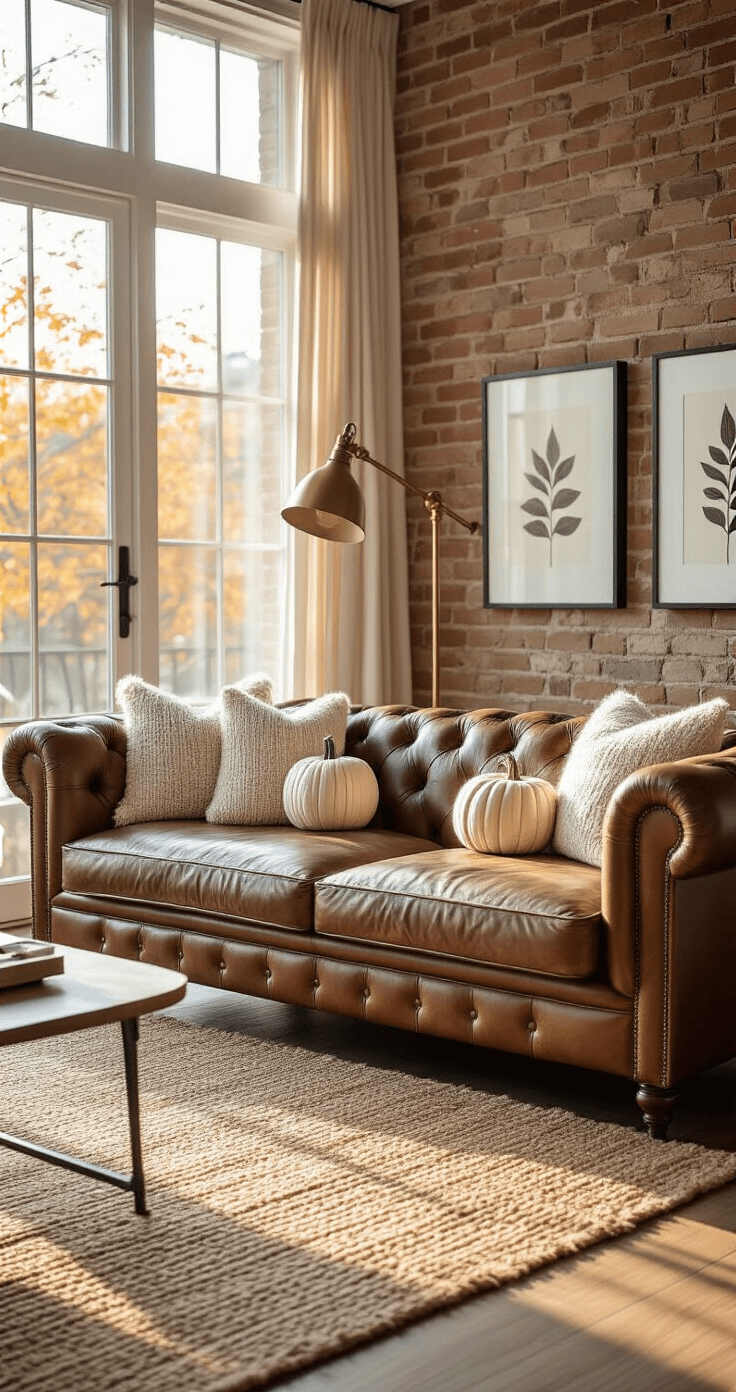 Cozy Fall DIY Home Decor: Transform Your Space on a Budget A cozy living room featuring a leather Chesterfield sofa with handcrafted sweater pumpkins, a natural jute rug, and an exposed brick accent wall adorned with pressed leaf art, all bathed in warm golden hour light streaming through floor-to-ceiling windows.