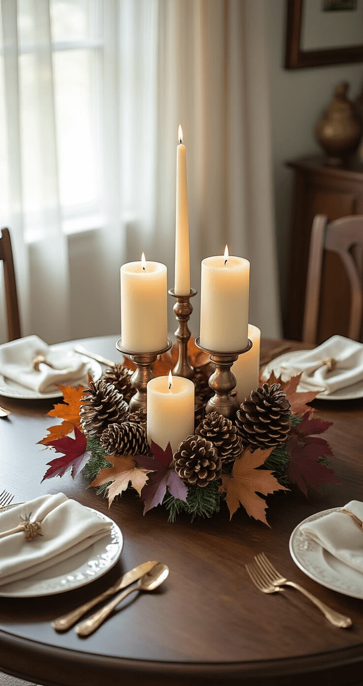 Cozy Fall DIY Home Decor: Transform Your Space on a Budget An intimate dining room scene viewed from above, featuring an 8ft round dark oak table with a magical fall centerpiece of ivory pillar candles, copper-wire-wrapped pinecones, and burgundy maple leaves, all softly illuminated by afternoon light filtered through sheer linen curtains. Vintage brass candlesticks provide height variation amidst the deep wood, warm metallic, and cream color palette.