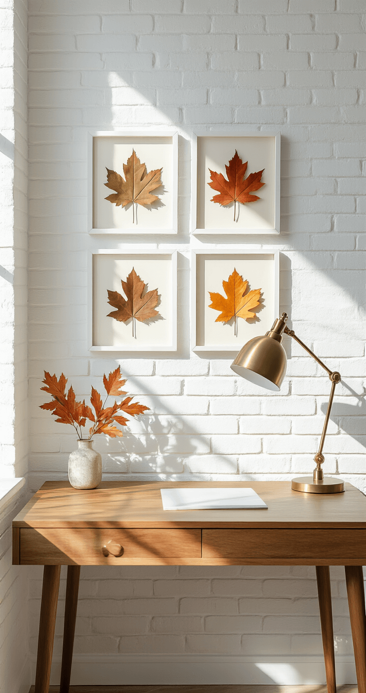 Cozy Fall DIY Home Decor: Transform Your Space on a Budget Minimalist home office nook with a white brick wall displaying a gallery of pressed autumn leaves in glass frames, a natural wood desk with a brass lamp, all illuminated by morning light.