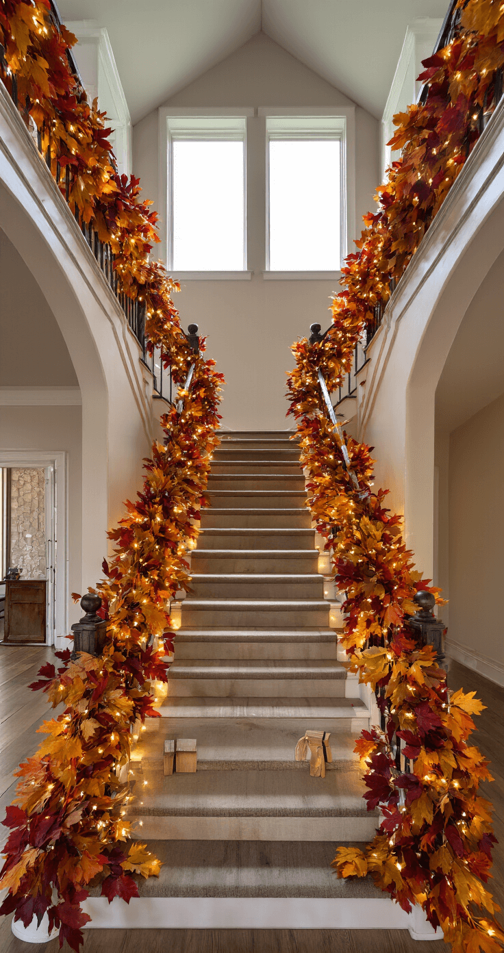 Cozy Fall DIY Home Decor: Transform Your Space on a Budget A majestic cathedral-ceiling entryway featuring a sweeping staircase adorned with a handcrafted autumn garland, viewed from the bottom step. The scene is illuminated by warm spotlights, showcasing fairy lights intertwined with preserved leaves in an ombré color scheme from gold to deep crimson, while mini wooden clothespins add a rustic touch.