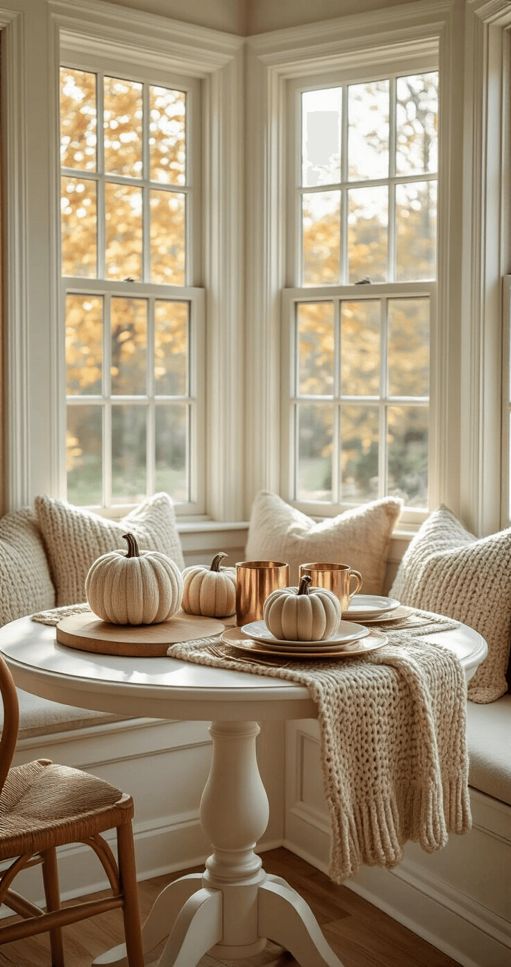 Cozy Fall DIY Home Decor: Transform Your Space on a Budget Cozy breakfast nook featuring a round pedestal table adorned with a chunky knit runner, copper chargers, and a natural wood serving board, accented by handmade sweater pumpkins, illuminated by natural morning light at a Dutch angle.