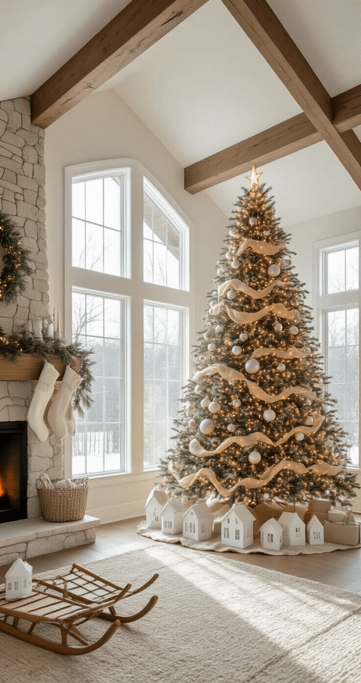 Crafting the Perfect Farmhouse Christmas Tree: A Cozy Holiday Guide A spacious living room with a vaulted ceiling and exposed wooden beams, featuring a large artificial Christmas tree adorned with warm white lights and chunky cream knit garlands, illuminated by golden morning light streaming through floor-to-ceiling windows. The scene includes a stone fireplace, vintage wooden sleds, white ceramic houses, and a cozy color palette of winter white, aged silver, natural burlap, and soft sage green, captured at eye level with a soft bokeh effect.