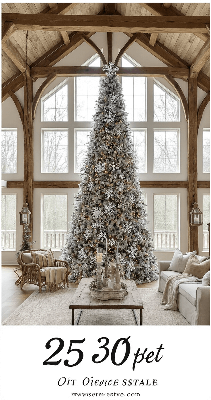 Crafting the Perfect Farmhouse Christmas Tree: A Cozy Holiday Guide A bird's eye view of a grand 25x30ft open-concept great room featuring a large artificial Christmas tree decorated with oversized snowflakes, glass icicles, and jute garlands, surrounded by rustic timber frame details, with mid-morning light filtering through frosted windows, showcasing a cozy dining and living area arrangement.
