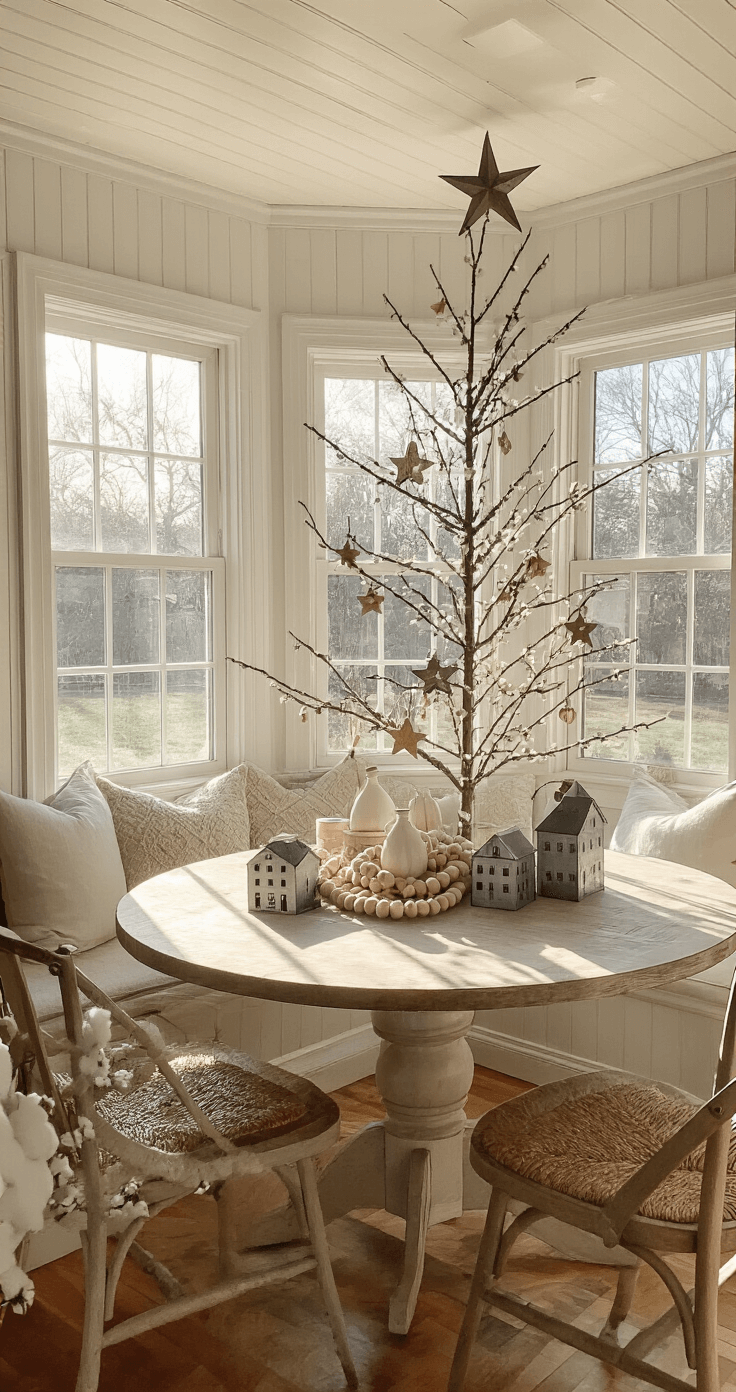 Crafting the Perfect Farmhouse Christmas Tree: A Cozy Holiday Guide A cozy breakfast nook featuring a beadboard ceiling and wraparound windows, illuminated by dawn light. A 7.5ft pencil tree adorned with white lights, wooden bead garlands, and cream felt ornaments sits in the corner, while galvanized metal stars and miniature zinc houses create charming vignettes. Raw cotton stems are nestled among the tree branches, with the tree silhouette framed against the soft window light. The overall aesthetic is bright, airy, and subtly vintage.