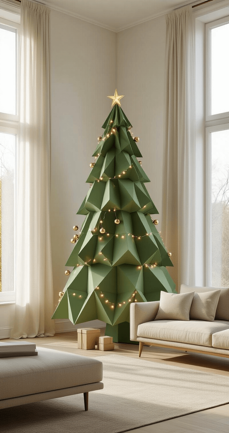 DIY Christmas Trees: Unleash Your Creativity This Holiday Season A serene modern minimalist living room featuring a geometric 7' cardboard Christmas tree in matte sage green, adorned with brass ornaments and LED lights, bathed in soft dawn light filtered through sheer curtains, alongside a mid-century modern sofa in oatmeal linen.