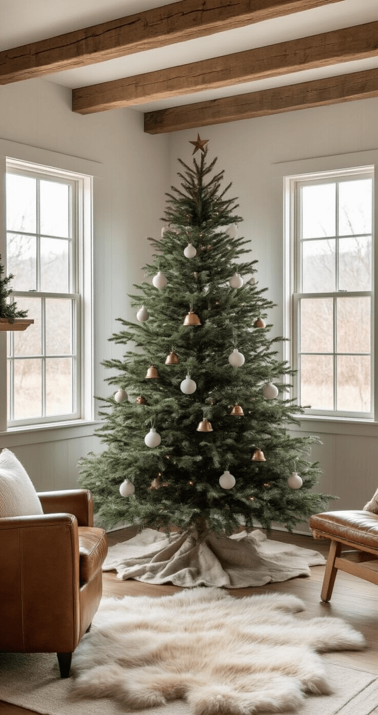 DIY Christmas Trees: Unleash Your Creativity This Holiday Season Cozy Scandinavian-style den with exposed wooden beams, featuring a 6' wooden Christmas tree made of weathered oak planks, adorned with minimal brass bells and white ceramic ornaments. The scene is illuminated by golden hour light through west-facing windows, complemented by a sheepskin rug and a vintage leather armchair, embodying a hygge and rustic elegance mood.