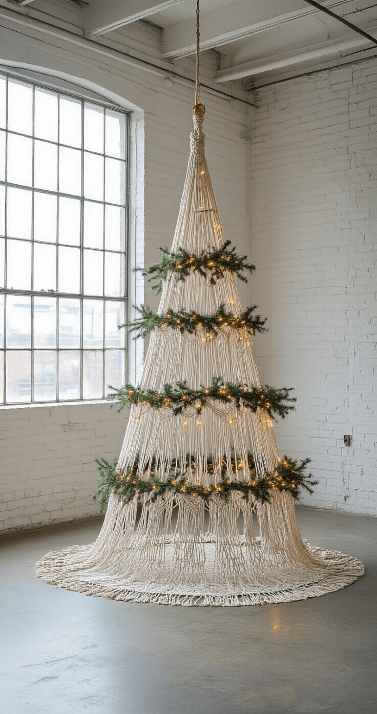 DIY Christmas Trees: Unleash Your Creativity This Holiday Season A cozy artist's loft featuring an industrial window, white brick walls, and concrete floors, with an eye-catching 6-foot macramé Christmas tree wall hanging adorned with eucalyptus sprigs and tiny LED lights, capturing a bohemian holiday atmosphere.
