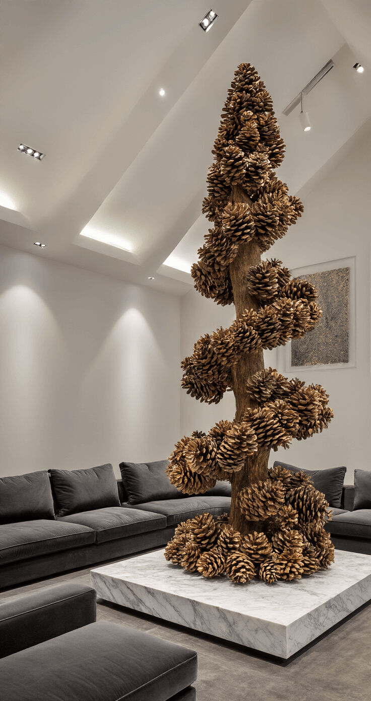 DIY Christmas Trees: Unleash Your Creativity This Holiday Season A contemporary family room with a cathedral ceiling features dusk lighting and spotlights, showcasing a 5' pinecone tree on a marble pedestal, surrounded by naturally aged pinecones arranged in a spiral, dusted with gold mica powder. A charcoal velvet sectional contrasts elegantly with the organic centerpiece.