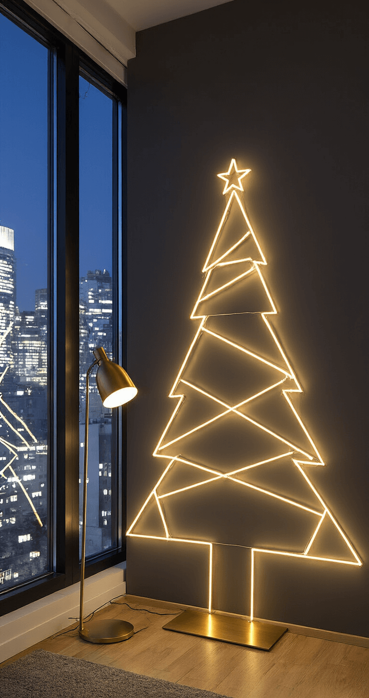 DIY Christmas Trees: Unleash Your Creativity This Holiday Season A cozy urban studio apartment at night featuring floor-to-ceiling windows with a city lights backdrop. A geometric LED string light installation resembling a modern Christmas tree is displayed on a charcoal wall, while a brass floor lamp casts warm accent lighting, creating a contemporary holiday atmosphere.