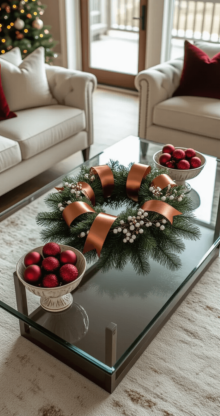 Creating a Magical Christmas Coffee Table Display: Your Ultimate Styling Guide Wide-angle view of a contemporary open-concept living space with a 60-inch rectangular glass coffee table, showcasing a holiday centerpiece featuring a fresh evergreen wreath adorned with copper ribbons and white berries, flanked by vintage ironstone compotes filled with burgundy ornaments, captured in morning light with reflections visible on the glass surface.