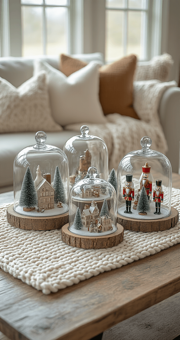 Creating a Magical Christmas Coffee Table Display: Your Ultimate Styling Guide Cozy corner with a rustic 42-inch square coffee table featuring a chunky knit table runner and a layered holiday display under glass cloches, showcasing miniature scenes of bottlebrush trees, ceramic villages, and tiny nutcrackers, captured in moody afternoon light with a shallow depth of field.