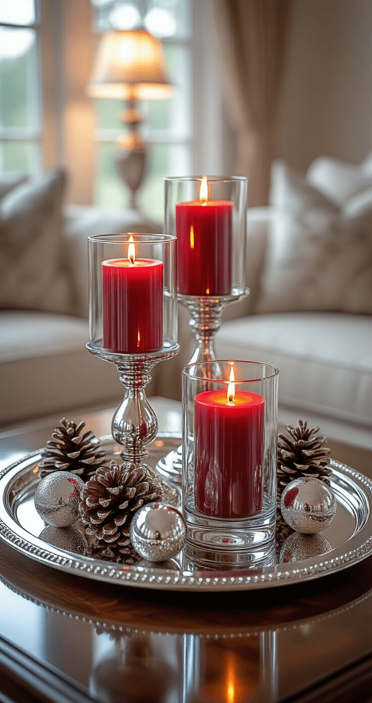 Creating a Magical Christmas Coffee Table Display: Your Ultimate Styling Guide Elegant coffee table styling featuring a silver-plated oval tray with three graduated glass hurricanes holding red pillar candles, surrounded by mercury glass ornaments and crystallized pinecones, all illuminated by soft evening lighting and candle glow, with a focus on intricate textures and reflections.