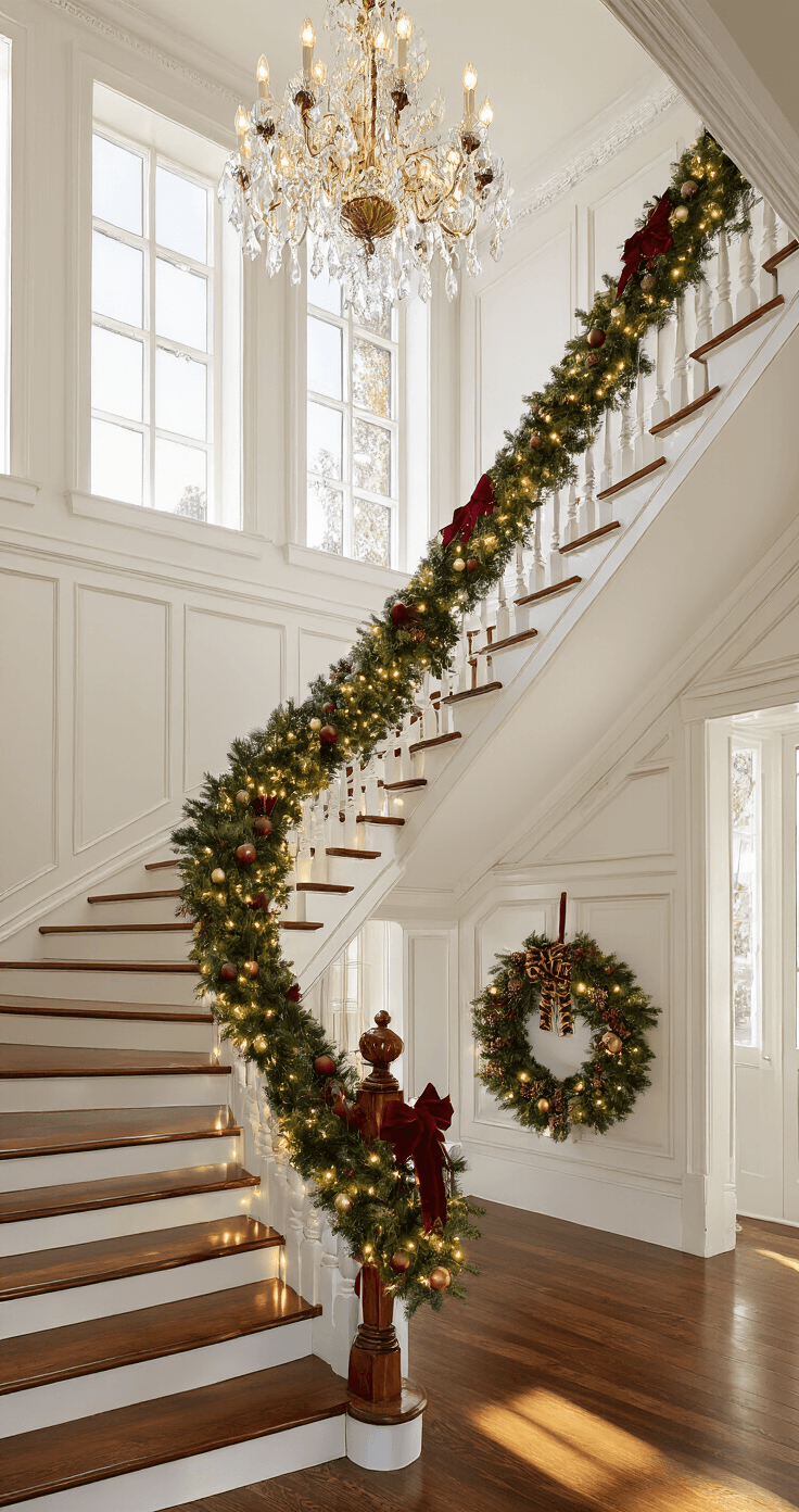 Magical Christmas Staircase Decor: Transform Your Home's Entrance into a Festive Wonderland An elegant Victorian staircase adorned with pine garland, red velvet bows, and vintage ornaments, illuminated by sunlight streaming through tall windows, creating a warm and grand holiday atmosphere.