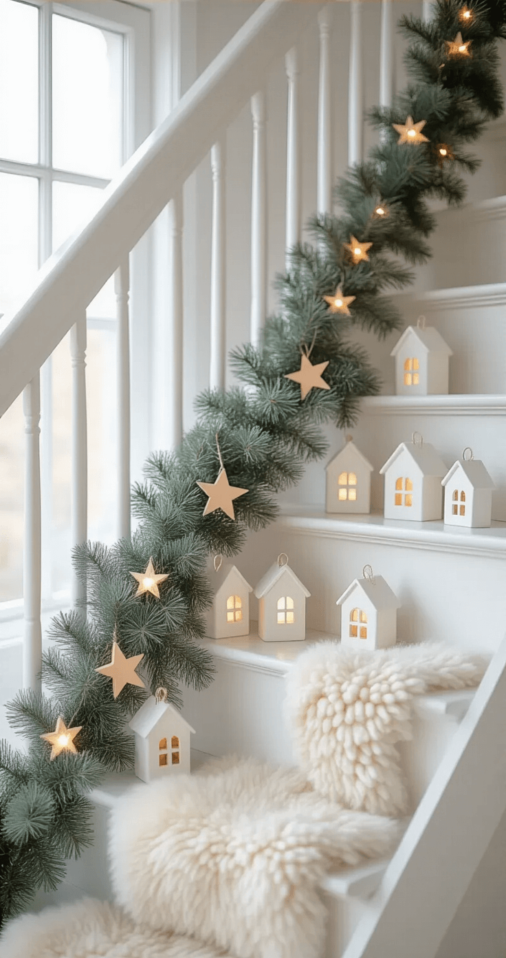 Magical Christmas Staircase Decor: Transform Your Home's Entrance into a Festive Wonderland A serene Scandinavian-style staircase bathed in soft morning light, featuring a minimalist eucalyptus and pine garland with wooden stars, white ceramic houses with tiny LED lights, a chunky wool pompom garland, and sheepskin runners on the steps, all captured at eye level with a focus on texture.