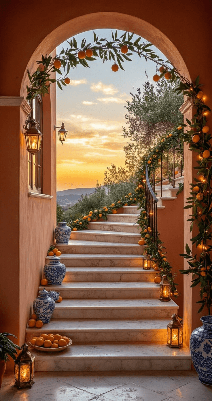 Magical Christmas Staircase Decor: Transform Your Home's Entrance into a Festive Wonderland A Mediterranean villa's marble staircase at sunset, featuring terracotta walls with arched windows casting golden light, adorned with an olive branch and bay leaf garland interwoven with copper wire lights, blue and white ceramic ornaments mixed with citrus fruits, and vintage brass lanterns on the steps, all framed by an arched doorway from the courtyard, enhanced by warm LED uplights for a rustic European holiday elegance.