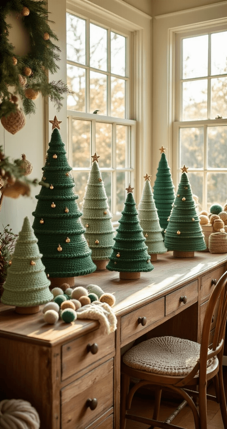 How to Create a Magical Crochet Christmas Tree: A Complete Guide for Crafters Cozy craftroom corner with warm afternoon light, showcasing a vintage wooden desk adorned with handmade crochet Christmas trees in varying sizes and shades of green, embellished with gold bells and crystal beads, surrounded by festive yarn balls, set against cream walls and natural wood surfaces.