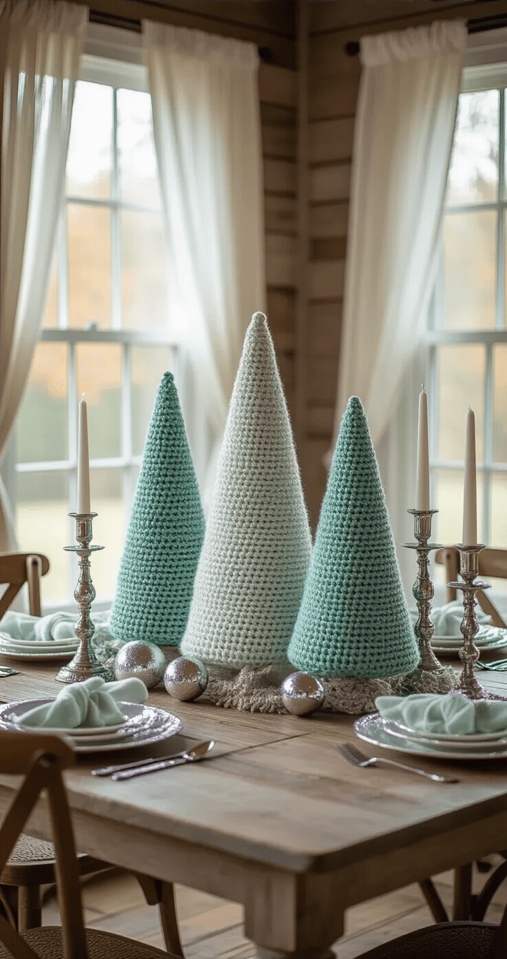 How to Create a Magical Crochet Christmas Tree: A Complete Guide for Crafters Intimate rustic dining room with morning light, featuring a whimsical tablescape of textured loopy crochet trees in mint, forest, and metallic silver yarns on a weathered oak table, accompanied by vintage silver candlesticks and mercury glass ornaments, captured from above with shallow depth of field.