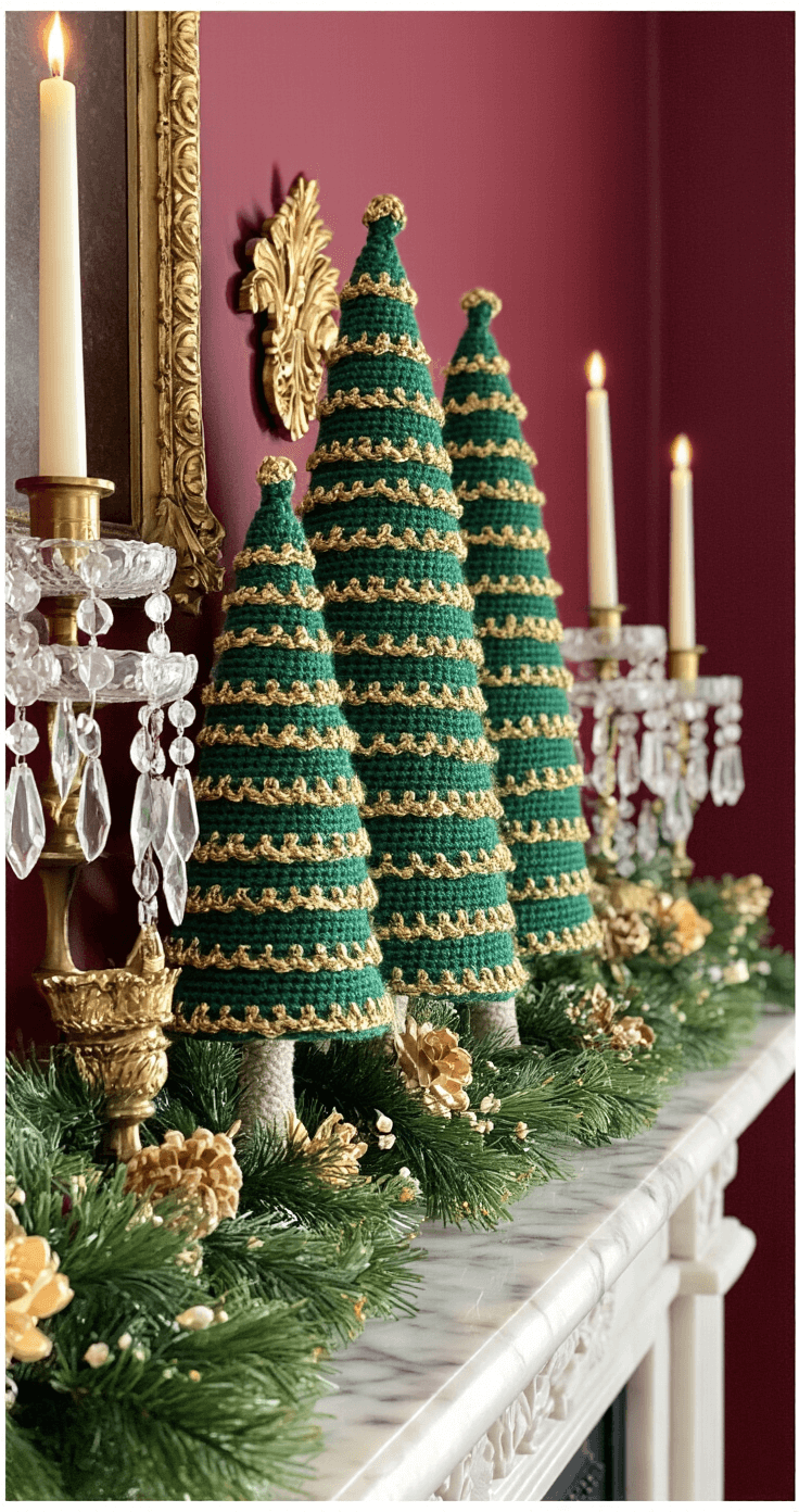 How to Create a Magical Crochet Christmas Tree: A Complete Guide for Crafters A close-up of a Victorian-style mantelpiece vignette showcasing a cluster of mini 3D crochet trees in jewel-toned greens with gold accents, interspersed with brass candlesticks on a carved marble surface. The deep burgundy walls and flickering candlelight enhance the drama, while intricate stitch details and metallic elements are highlighted.
