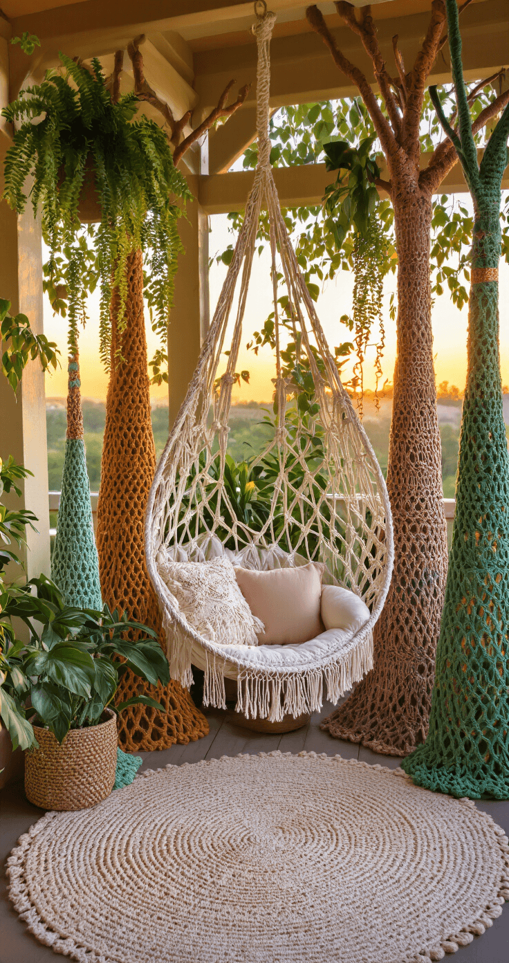 How to Create a Magical Crochet Christmas Tree: A Complete Guide for Crafters A cozy bohemian reading nook at sunset, featuring a macramé hanging chair surrounded by colorful crochet trees in unexpected color combinations, layered textiles, and various plants, all captured from a low-angle perspective to emphasize the whimsical atmosphere.