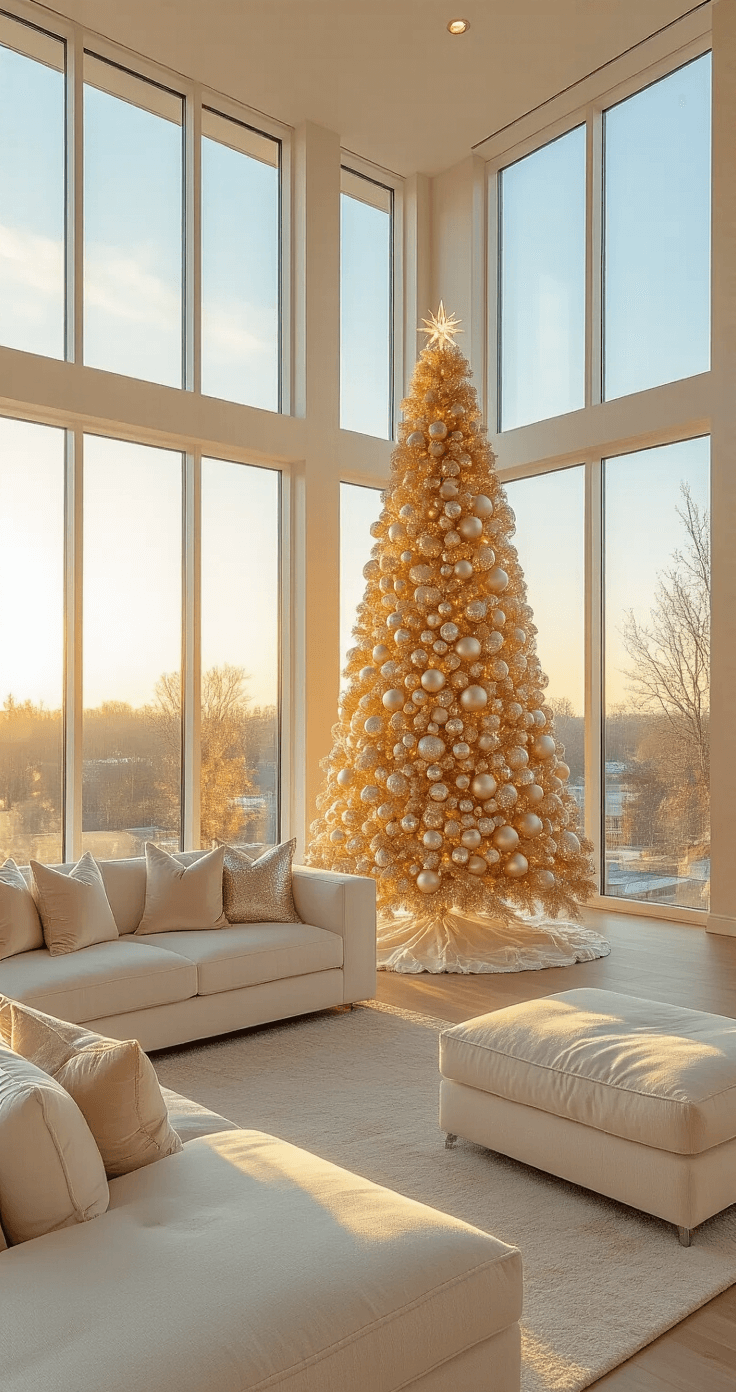Champagne Christmas Tree: The Ultimate Guide to Glamorous Holiday Decor A luxurious contemporary living room featuring a 9ft champagne gold Christmas tree adorned with metallic ornaments, illuminated by golden hour light streaming through floor-to-ceiling windows, with a plush cream sectional and metallic throw pillows in a cozy, ethereal setting.