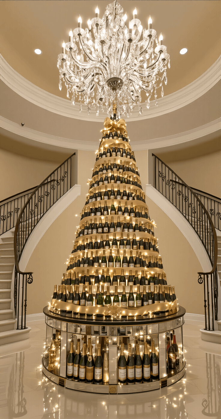Champagne Christmas Tree: The Ultimate Guide to Glamorous Holiday Decor A grand foyer with a 15ft rotunda, featuring marble flooring and a curved staircase, illuminated by a crystal chandelier. In the center, an 8ft Christmas tree made of champagne bottles in various hues is adorned with metallic gold ribbon and white LED lights. A mirrored console table beneath reflects the warm evening lighting, captured from the entrance doorway. The scene exudes opulence and celebration.