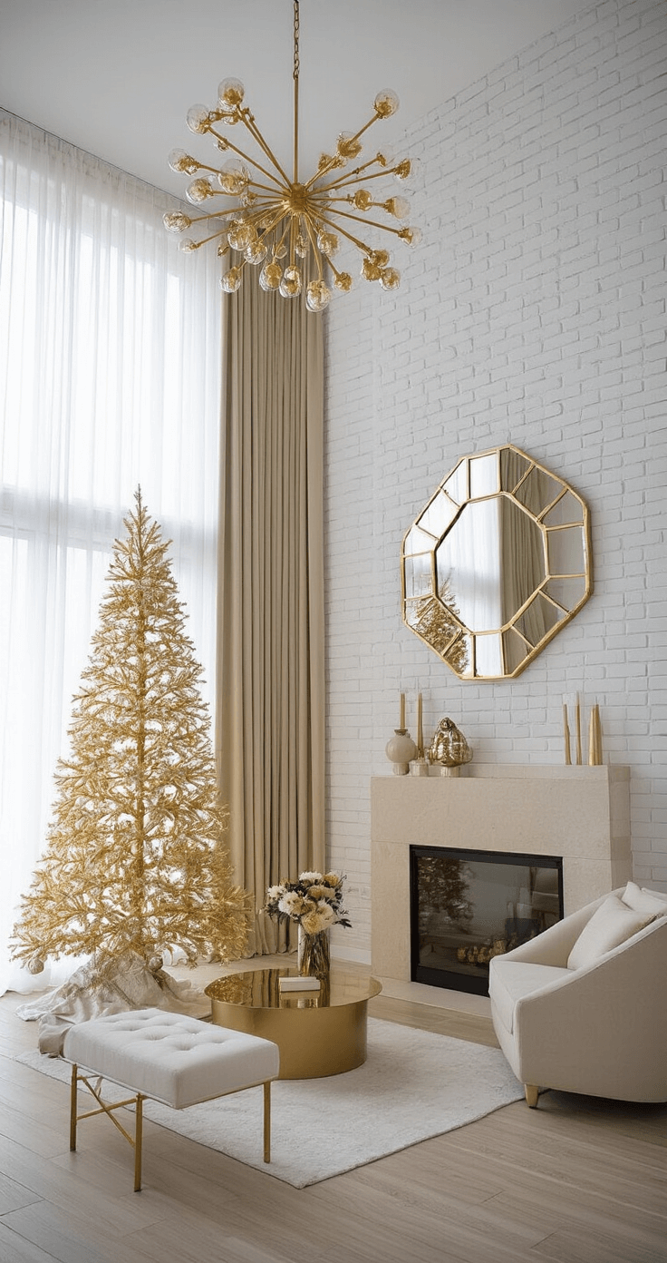 Champagne Christmas Tree: The Ultimate Guide to Glamorous Holiday Decor A sophisticated minimalist great room featuring a white brick accent wall, morning light filtering through sheer curtains, a slim champagne tree decorated in gold finishes, a geometric gold mirror above a limestone fireplace, and mid-century cream and gold furniture.