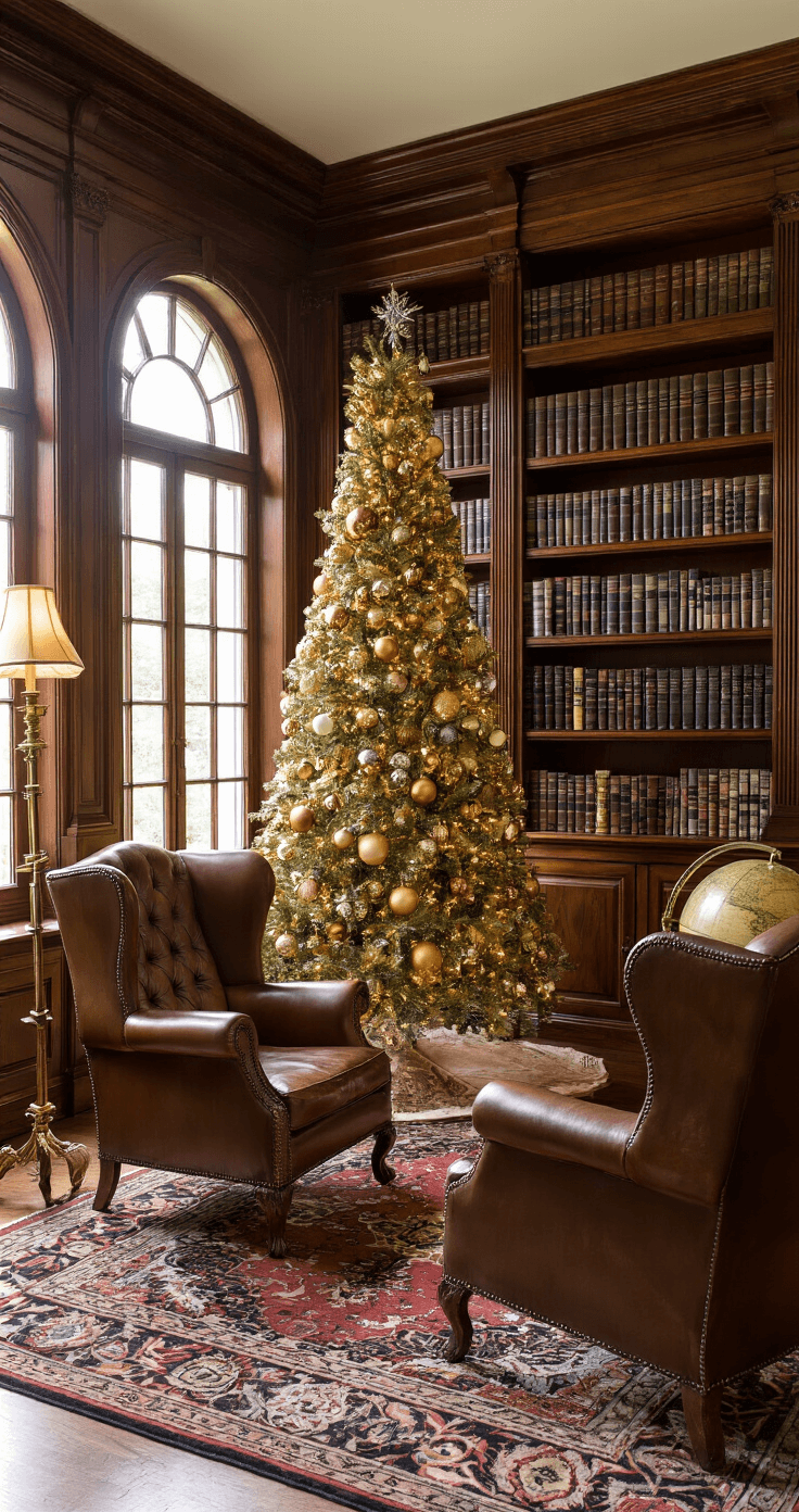 Champagne Christmas Tree: The Ultimate Guide to Glamorous Holiday Decor A cozy classic library with built-in mahogany shelves, illuminated by afternoon light and warm lamps. A 7ft champagne tree adorned with vintage brass, copper, and gold ornaments stands nearby. Leather wingback chairs and an oriental rug enhance the traditional elegance of the reading nook, while an antique globe bar cart adds character.