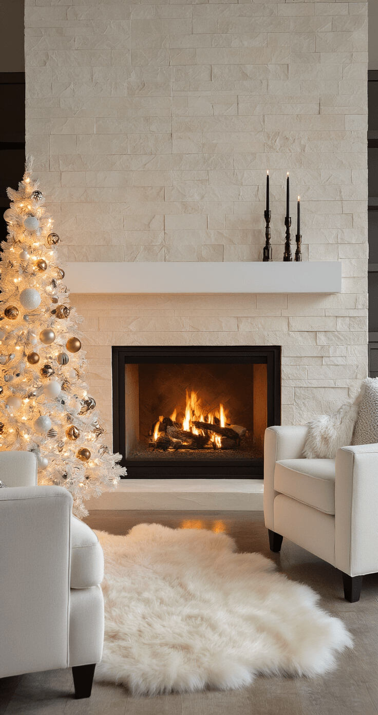 Creating a Magical White Christmas Tree: Your Ultimate Styling Guide Cozy modern family room with a contemporary limestone fireplace, floating white mantel, and a decorated 7ft white Christmas tree, surrounded by plush cream armchairs and a sheepskin rug, bathed in warm firelight and LED tree lights.