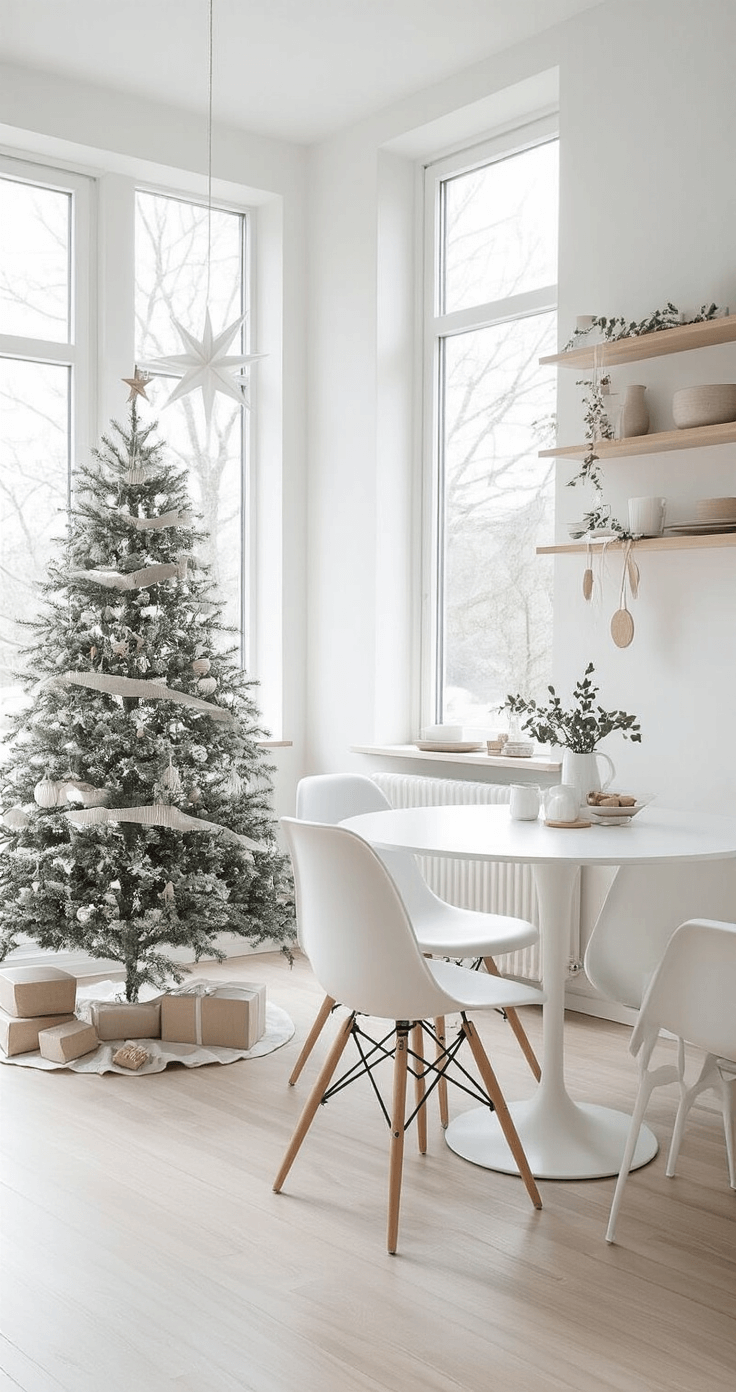 Creating a Magical White Christmas Tree: Your Ultimate Styling Guide A minimalist Nordic Christmas corner featuring a bright breakfast nook with floor-to-ceiling windows, a slim white tree adorned with wooden ornaments and linen ribbons, and a white Eames-style dining set, all bathed in mid-morning natural light.