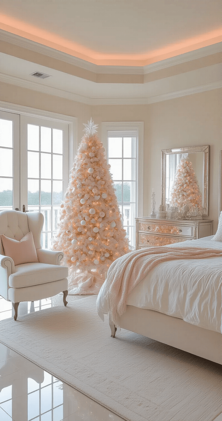 Creating a Magical White Christmas Tree: Your Ultimate Styling Guide Luxe master bedroom holiday scene featuring a spacious suite with tray ceiling and French doors, illuminated by soft dawn light. A decorated white Christmas tree stands between a velvet wingback chair and a mirrored dresser, complemented by an ivory upholstered bed with metallic accents. The camera captures an eye-level reflection, enhancing the ethereal morning atmosphere with pastel highlights.