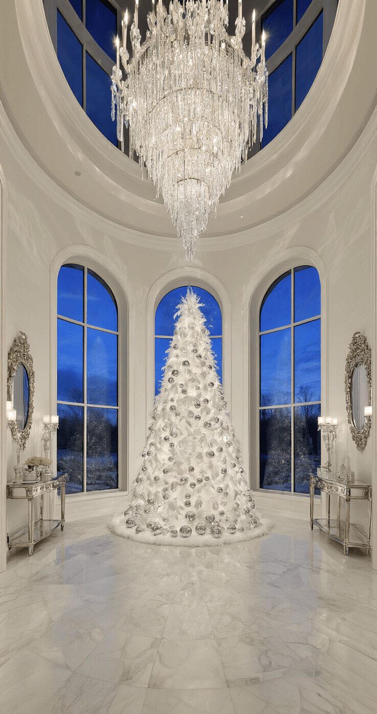 Creating a Magical White Christmas Tree: Your Ultimate Styling Guide Opulent grand foyer with a double-height entry, featuring a curved staircase and crystal chandelier, adorned with a slim white tree decorated in silver and feather accents, captured in dramatic dusk lighting from an upper landing.