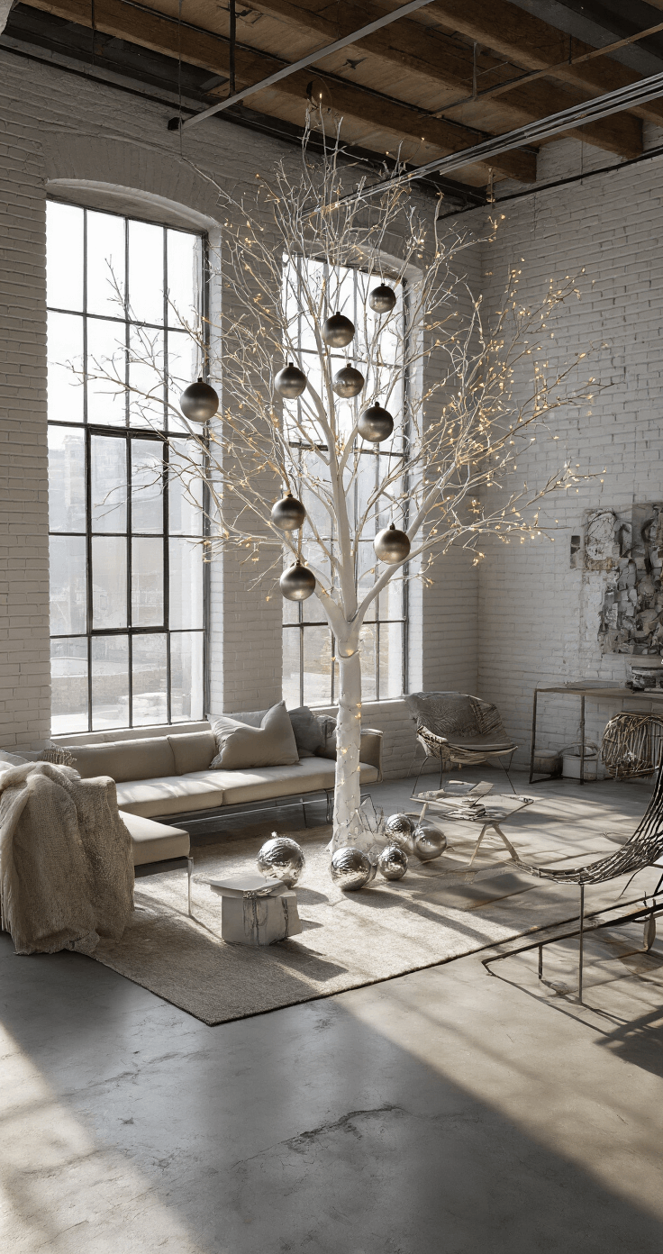 Creating a Magical White Christmas Tree: Your Ultimate Styling Guide Aerial view of a contemporary loft-style great room featuring a white decorated tree, large industrial windows, concrete floors, white brick walls, and mixed metal furniture, all illuminated by natural and strategic lighting.