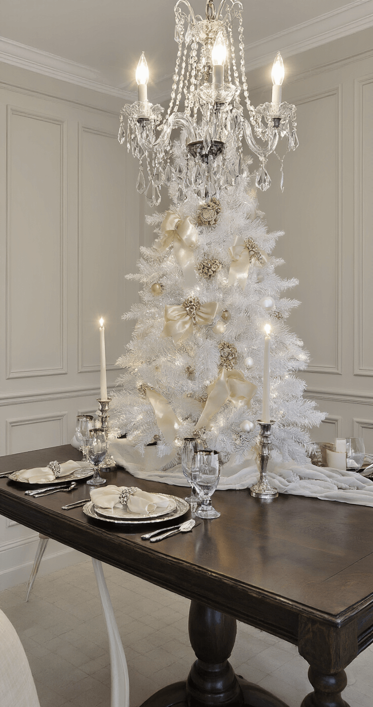 Creating a Magical White Christmas Tree: Your Ultimate Styling Guide A vintage glam dining room with wainscoting, a crystal chandelier, and an evening candlelight setting, featuring a 7ft white Christmas tree adorned with antique mercury glass, pearl strands, and ivory satin bows, complemented by a dark wood table set with silver chargers and white tapers, all depicted from a low perspective with moody lighting and chandelier sparkle.