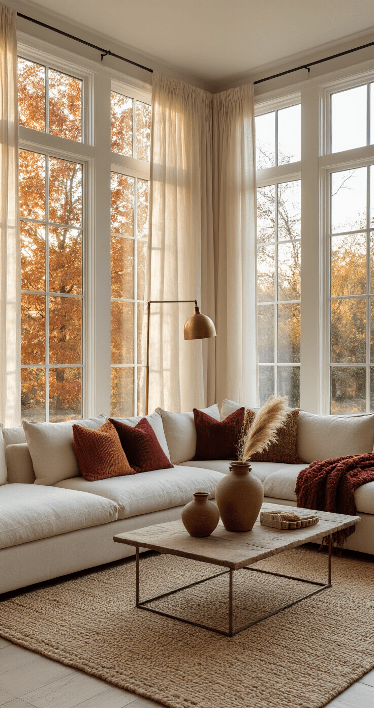 Fall Living Room Decor: Transform Your Space into a Cozy Autumn Sanctuary A cozy living room bathed in golden hour light, featuring a cream linen sectional, vintage brass floor lamp, and layered rugs, with rust-colored fall foliage visible through a wide bay window. Decorative vases with dried pampas grass and maple branches adorn the coffee table, creating an inviting atmosphere.