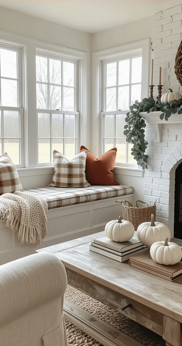 Fall Living Room Decor: Transform Your Space into a Cozy Autumn Sanctuary Cozy cottage living room featuring a window seat with plaid cushions and knit throws, a whitewashed brick fireplace adorned with white pumpkins and eucalyptus, and slipcovered armchairs with rust-colored pillows; captured in soft, even lighting with a focus on the inviting window seat vignette.