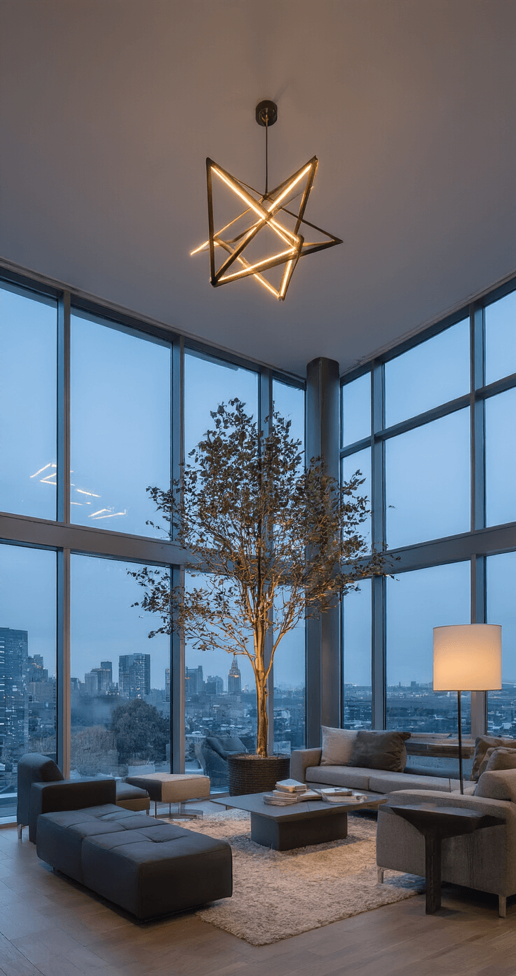 Christmas Tree Toppers: The Ultimate Guide to Crowning Your Holiday Decor Contemporary open-concept room with floor-to-ceiling windows, featuring a slim 10ft tree adorned with a modernist geometric metal topper, bathed in moody blue hour lighting. The monochromatic palette of charcoal, platinum, gold, and gunmetal highlights the architectural details and emphasizes the tree's impact amidst a minimal furniture arrangement.