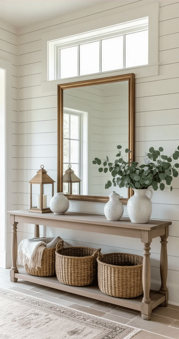 Serene & Stylish: The Ultimate Guide to Neutral Christmas Decor Modern farmhouse entryway featuring a tall shiplap ceiling, warm white walls, and early morning light filtering through a transom window. An antique brass mirror reflects a stylish console table adorned with mercury glass lanterns, white ceramic vases, and eucalyptus sprigs, while natural woven baskets hold cozy throws beneath. The space boasts limestone flooring accented by a vintage runner in muted tones, captured with shallow depth of field.