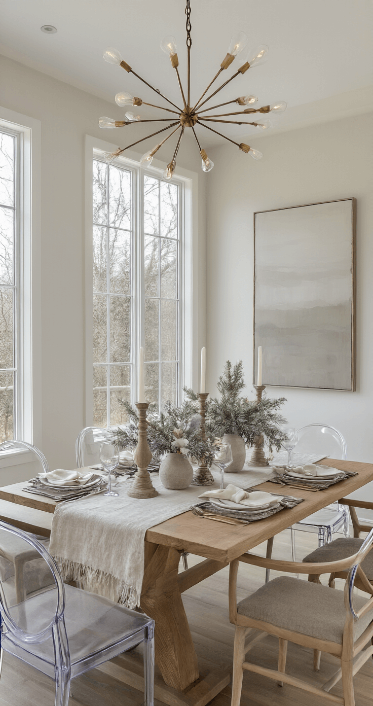 Serene & Stylish: The Ultimate Guide to Neutral Christmas Decor An elegant contemporary dining room featuring a long oak table set with linen runners and frosted pine centerpieces, surrounded by ghost chairs with ivory cushions. The room is illuminated by winter afternoon light and an oversized modern chandelier, with mixed metallic candlesticks of varying heights adorning the table. A large abstract art piece in greige tones hangs on the far wall, captured from a bird's eye view that highlights the table setting pattern.