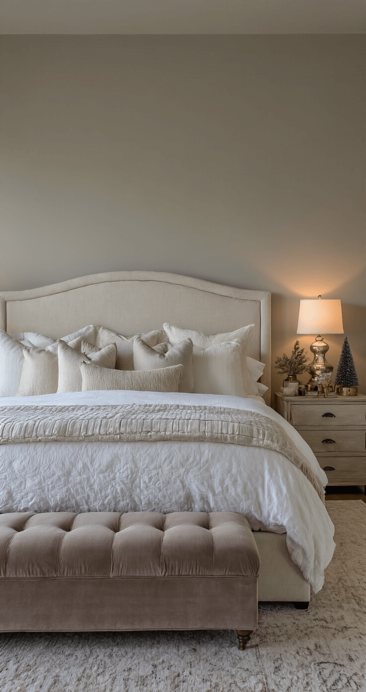 Serene & Stylish: The Ultimate Guide to Neutral Christmas Decor A luxurious master bedroom at twilight featuring a king bed with layered ivory, cream, and stone bedding, an oversized natural linen headboard, and asymmetrically styled nightstands with mercury glass lamps and vintage brass objects. A warm taupe velvet bench is placed at the bed's end, while soft ambient lamp lighting creates a moody atmosphere, all viewed from the doorway showcasing the room's depth.